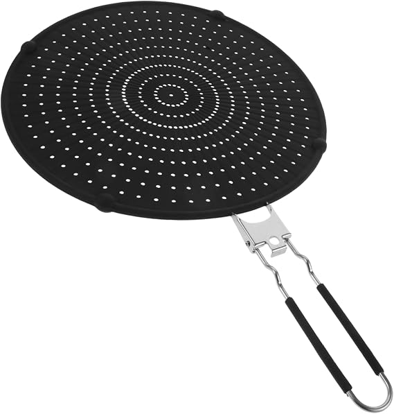 Silicone Frying Pan Splatter Screen Grease Guard with Foldable Stainless Steel Handle for Kitchen Cooking for Popcorn and Fried Chicken