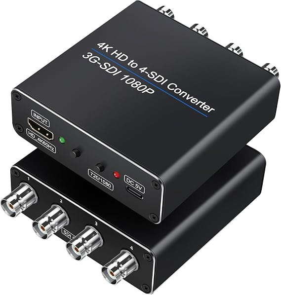 ACHAVE HDMI to SDI Converter,4xSDI Out Splitter 1x4, Multi-Format Support 1 HDMI Input and 4 SDI outputs HD-SDI 3G-SDI HDMI2.0 4K60Hz 1080P Support for Camera Home Theater Long Distance Transmission