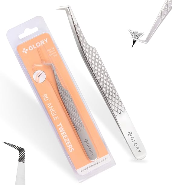 Glory 90 Degree Angle Lash Tweezers for Eyelash Extensions Precision Fiber Tip Diamond Grip Stainless Steel Lash Tool for Mega Volume, Classic & Professional Lash Tech Supplies