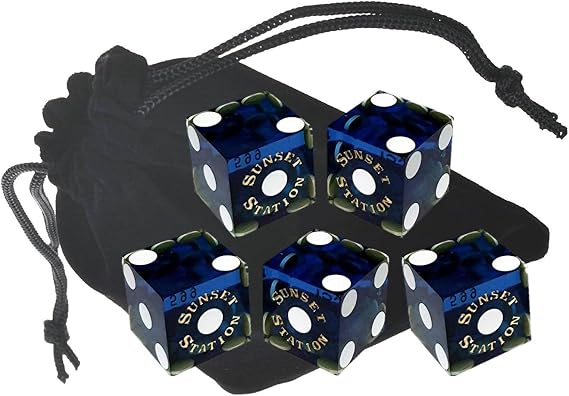 Wide Selection Authentic Las Vegas Casino Dice Craps Stick Sets with Matching Serial Numbers 5-Dice ... Plus Storage Pouch (Sunset Station - Blue Polished)