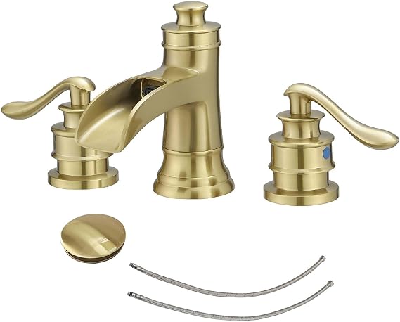 BWE Brushed Gold Widespread Bathroom Faucet, Waterfall, 3-Hole, Brass