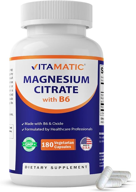 Vitamatic Magnesium Citrate 500mg per Serving - 180 Vegetarian Capsules (Provides 150 mg of Elemental Magnesium) - Added B6 for Maximum Absorption - Supports Muscle, Joint, and Heart Health*