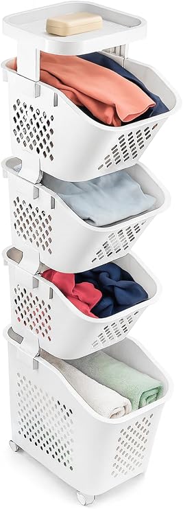 Rolling Laundry Basket Tower, 4-Tier Laundry Hamper with Wheels, Removable Sorting Bins, Ventilated & Easy-Clean Plastic, Space Saving Organizer for Bathroom Bedroom Utility Kitchen Storage