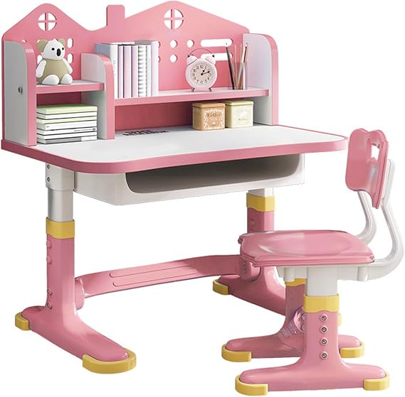Height Adjustable Kids Desk and Chair Set, Kids Study Table and Chair Set with Castle Backboard Widened Desktop with Storage Drawer & Bookstand, 3+ Boys Girls Desk for Bedroom Pink