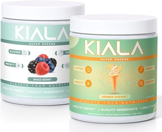 Kiala Nutrition Super Greens, Organic Greens Powder, Spirulina & Chlorella Superfood Powder, Sugar & Gluten Free Vegan, Spectra Blend, Mixed Berry, Orange Sherbet 2 Pack
