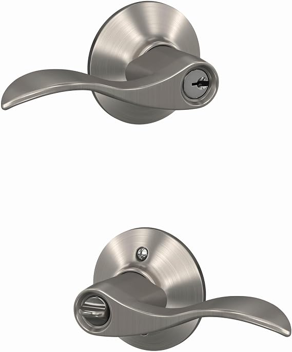 SCHLAGE Accent Keyed Entry Door Handle, Reversible, Satin Nickel | Keyed entry lever door handle with turn-button lock, Easy to install, Certified security & durability, Universal fit, 2 keys