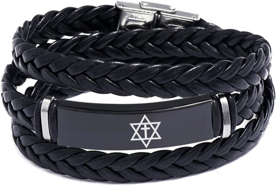 Men's Jewish Christian Symbol Jewelry - Black Wrap Leather Messianic Star of David with Cross Bracelet Bangle Man Religious Jewelry