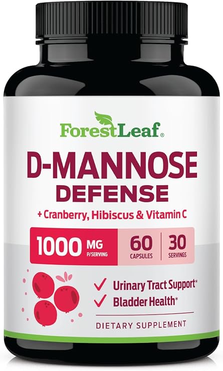 ForestLeaf D Mannose 1000mg Capsules - D-Mannose with Cranberry, Hibiscus & VIT C, Urinary Tract Health for Women and Men, Organic DMannose Pills for UTI, Urinary Health & Bladder Support 60 Capsules