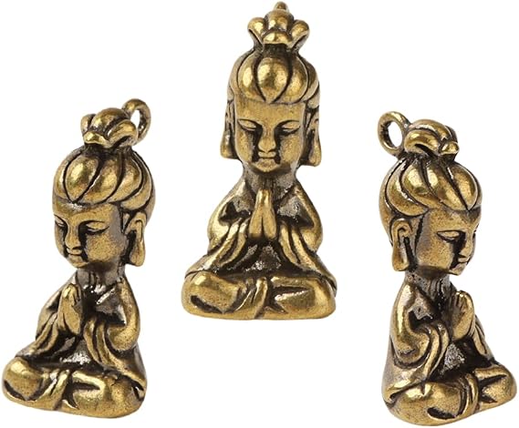 3Pcs Pure Brass Mini Avalokitesvara Pendant Put Hands Together Sitting Buddha Statue Peacekeeping Ornament Brass Keychain Pendant Accessories Creative Small Pendant