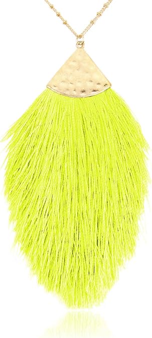 RIAH FASHION Antique Bohemian Silky Thread Fan Tassel Statement Necklace - Vintage Gold Feather Shape Strand Fringe Lightweight Long Chain