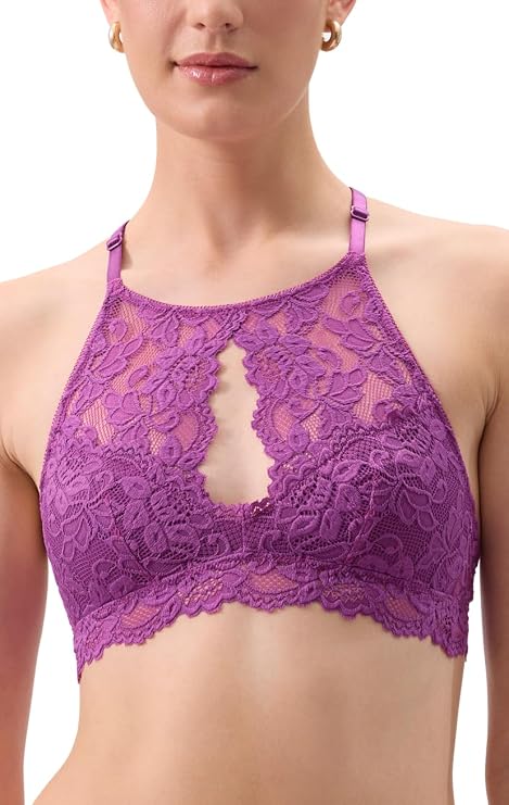 Miley Halter Lace Bralette for Women, Unpadded & Unlined Wireless High-Neck Bra, Perfect Adjustable Keyhole Lingerie