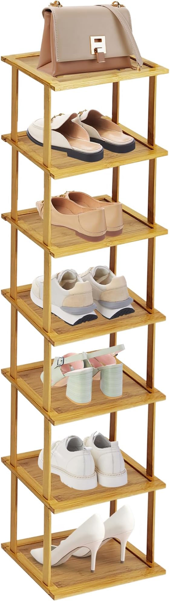 7 Tier Bamboo Shoe Rack, Narrow Vertical Wood Shoe Racks Storage