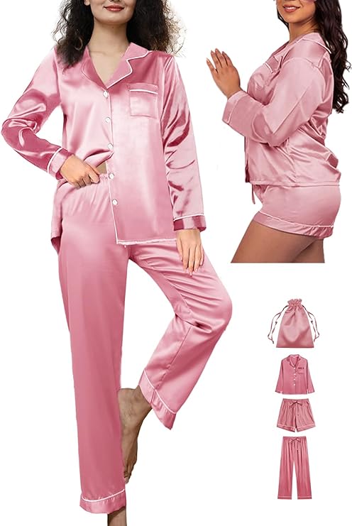 WJing Yi Jia 4Pcs Womens Silk Pajamas Set XS-XXL Satin Pajama Sets for women Silky Pj Set Sleepwear Pjs Nightwear Loungewear