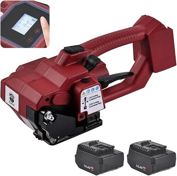 Electric Strapping Machine 4,500N Tensioner, LCD Display, 4,000mAh Battery, Automatic Portable Banding Tool Kit for 1/25/8" PET/PP Straps, Pallet & Box Packaging (Dark Red, 2 x 4,000 mAh Battery)