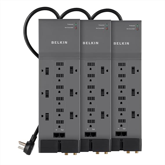 Belkin 12-Outlet Power Strip Surge Protector with 10-Foot Cord and Telephone, Ethernet, Coaxial Protection, BE112234-10, Gray -(Pack of 3) | heavy-duty power strip, RJ45/RJ11 line protection, safety outlet covers, bulk pack for office