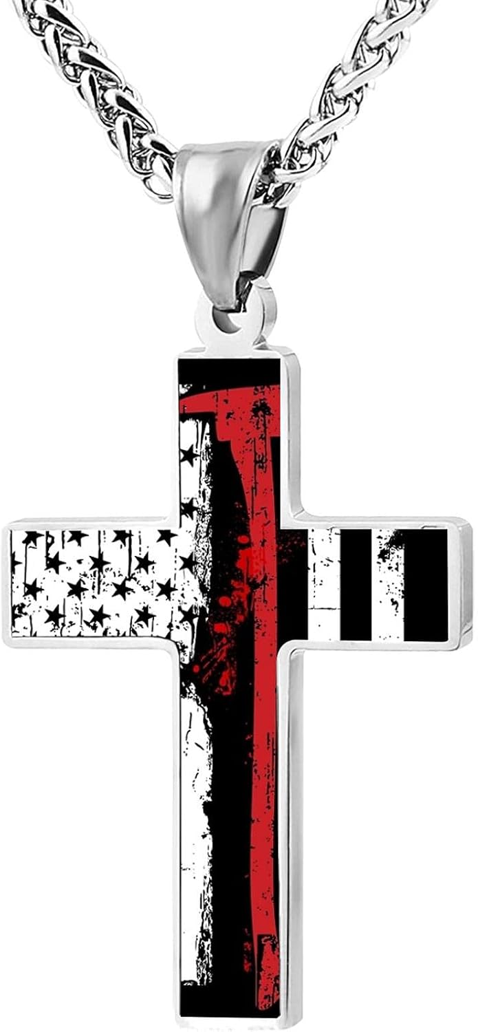 American Flag Patriotic Cross Christian Religious Jewelry Cross Pendant Necklace for Men Women Boys Girls