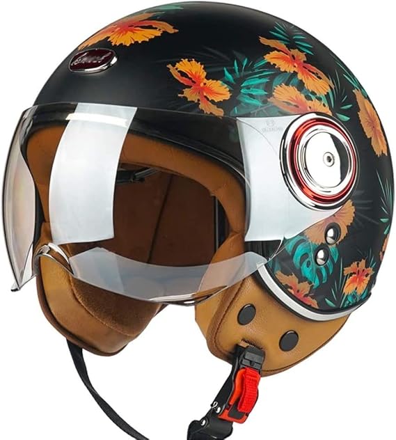 Women Motorcycle Cute Beautiful Flowers Open Face Helmet, Fashion 3/4 Motorcycle Half Helmet Retro DOT Certified Helmet Apply to Street Bike Scooter Chopper