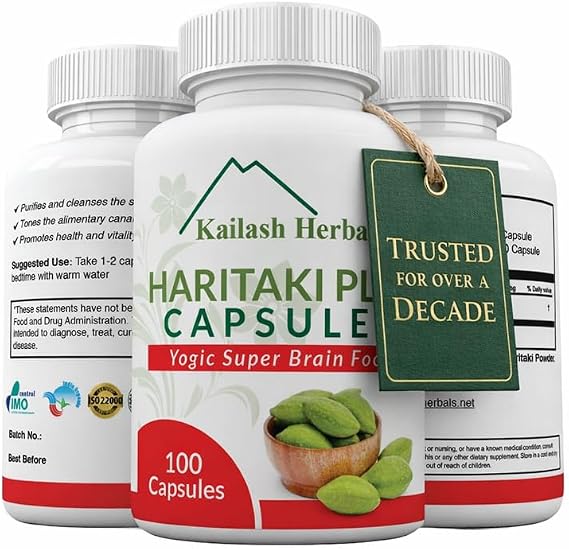 Kailash Herbals Organic Haritaki Capsules - Improves Digestion - Detoxification & Rejuvenation Maintains Regularity - Brain Function- 100 Capsules Terminalia chebula | Vegan, Non-GMO