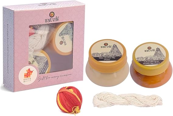 SATVIK Combo of 4-25gm Ashtagandha Chandan Paste, 25g White/Safed Chandan Paste, 1 Pc of White Janeu & 1Pc of Red Mauli for Pooja Essentials
