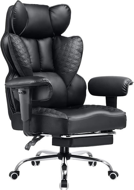 COMHOMA Big and Tall Office Chair Heavy Duty Wide Ergonomic Gaming Chair with Deluxe Embossing Designed Leather with Foot Rest,150Reclining Adjustable Armrests Pocket Spring Back Support and Pillow