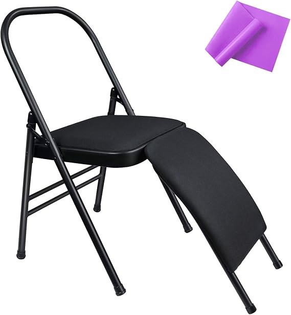 INNOLIFE Yoga Auxiliary Chair with Lumbar Back Support Foldable Balance Training with Purple Yoga Resistance Band