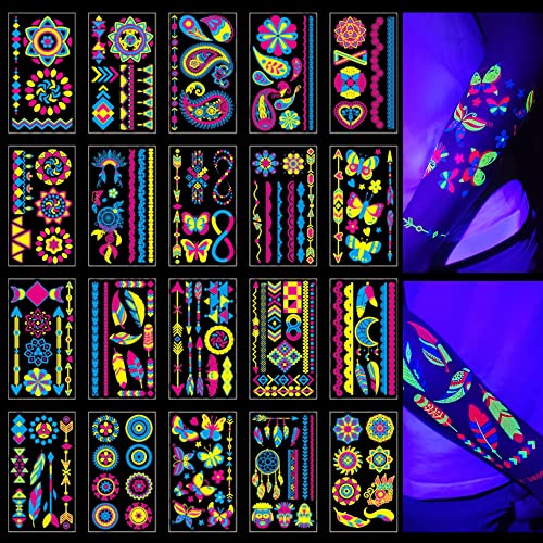 Glow in the Dark Tattoos 172 PCS Glow in the Dark Party Supplies, Neon Body Paint Be UV Blacklight Reactive Face Temporary Tattoos for Adults, Teens | Neon Accessories, Party Favors & Decorations