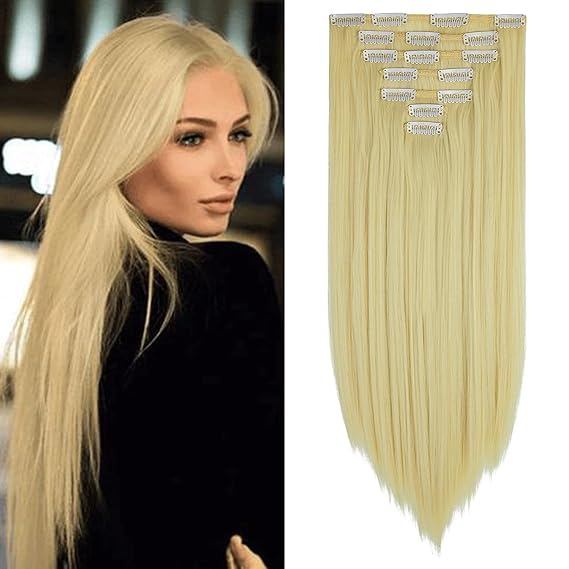 Clip in Hair Extensions 7 PCS Full Head 23 Inch Long Straight Synthetic Clip Hair Piece Hairpiece for Women, Bleach Blonde