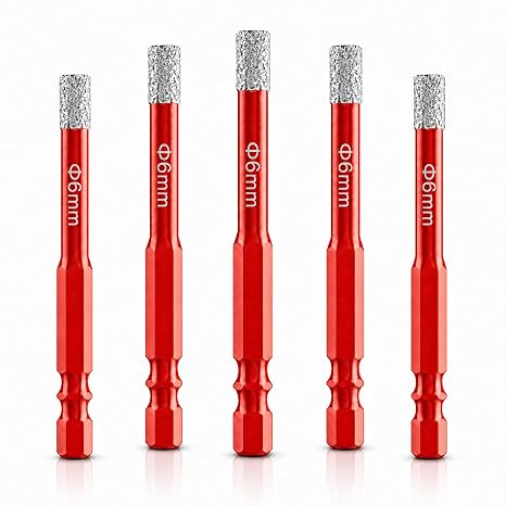 Porcelain Tile Drill Bits, 5PCS 6mm Diamond Drill Bits for Porcelain Tiles, Diamond Tipped Drill Bits for Ceramic Tile, Drill Bit Set for Dry Drilling Granite, Marble Stone, Ceramic, Stone & Glass