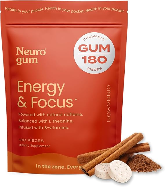 NeuroGum Energy & Focus Gum (Cinnamon, 180 Pieces) | 40mg Natural Caffeine + L-Theanine + Vitamin B12 & B6 + Xylitol | Sugar Free Nootropic Cognitive Brain Performance Supplement