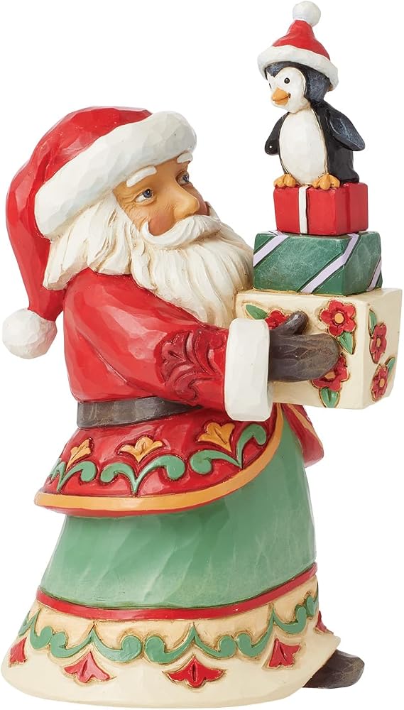Enesco Jim Shore Heartwood Creek Santa with Presents and a Penguin Pint-Sized Figurine- Resin Hand Crafted Collectible Santa Mini Figurines Christmas Home Decor Holiday Shelf Statue, 6.06 Inch