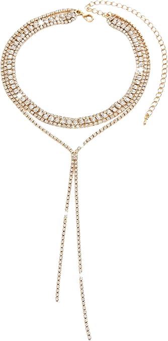 Layered Rhinestone Necklaces for Women Boho Fashion Y Long Neckalce Prom Shinny Black Silver Rhinestones Choker Necklace Wedding Bridal Jewerly