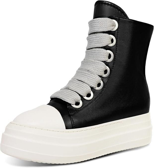 IMPREMEY Women's High Top Sneakers Lace Up PU Leather Shoes with Thick Soles and Zipper Rough Tape, Fashionable Walking Shoes