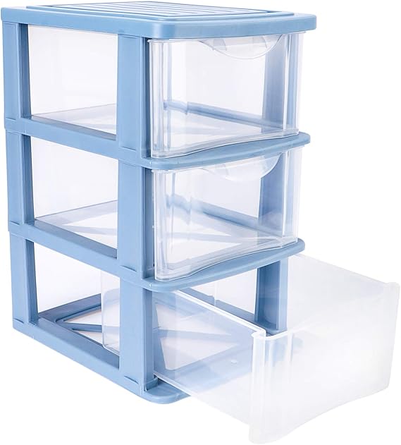 Plastic Drawer Storage Box Office Drawer Cube Storage Organizer Plastic Container Desktop Organizer for Office (Blue, 3 layers)