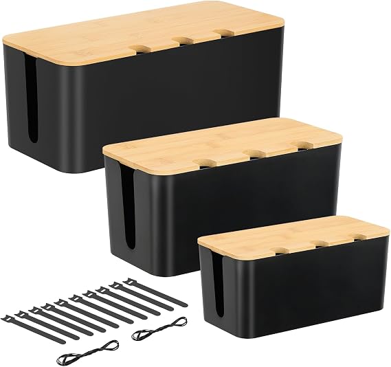 Cable Tidy Box 3 Pack Larger Desk Wire Organizer Box Cable Management Box Hiding Messy Cable Surface Wiring Power Strip Cord Management Storage Tray with Lid Lead Cover Box Large, Medium, Small -Black