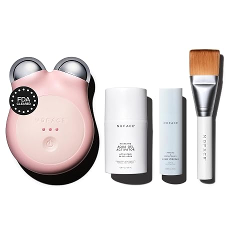NuFACE MINI+ Microcurrent Facial Device Kit FDA Approved Microcurrent Device for Skin Tightening Contouring Lifting and Toning Includes Gel Activator Silk Cream & Applicator Brush - Rose