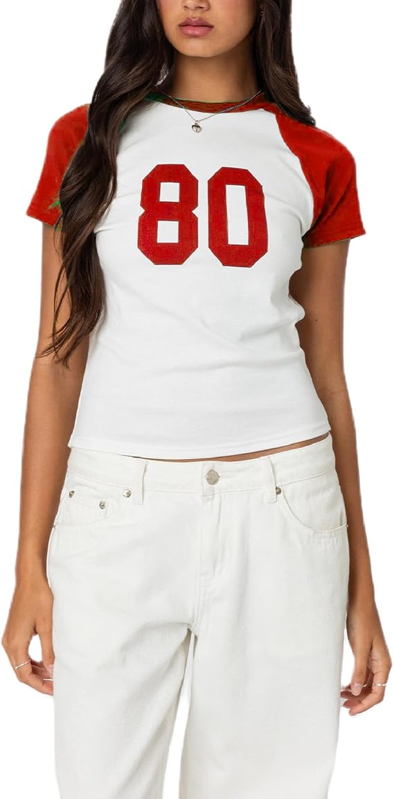 Summer Crop Top Number 80 Fitted Blouse Short Sleeve Round Neck T-Shirt Y2k Graphic Baby Tee Teen Girls Harajuku