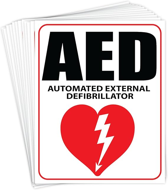 (12 Pack) AED Sign Stickers | AED Location Signage for Defibrillators | AED Inside First Aid Sign for Wall Cabinet Marking | 5 x 4 inch