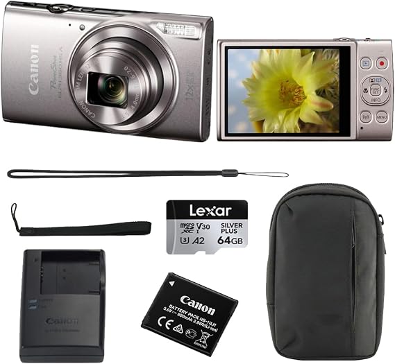 Canon PowerShot ELPH 360 HS A Digital Camera | Silver Bundle with 64GB Memory Card + Wrist Strap + Digital Camera Pouch (4 Items)