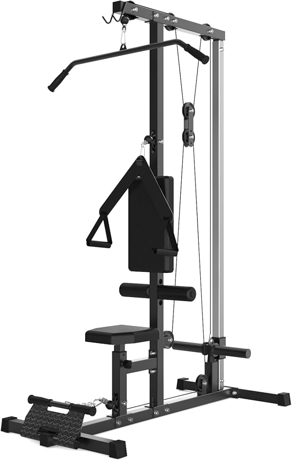 Cable Machine, LAT Pull Down Machine, LAT Row Cable Machine with High and Low Pulley Station, Heavy Duty Back Workout Machine with Leg Support for Home Gym Body Training, Black