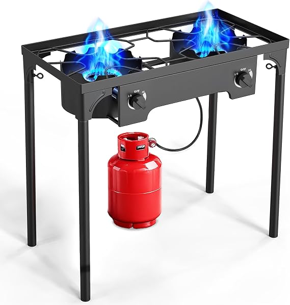 2 Burner Outdoor Gas Stove, 150,000BTU Propane Burners for Outdoor Cooking with 0-20 PSI Adjustable Regulator and 4ft Hose, Outdoor Cooking Stove for Patio Backyard Camping with Detachable Stand Legs
