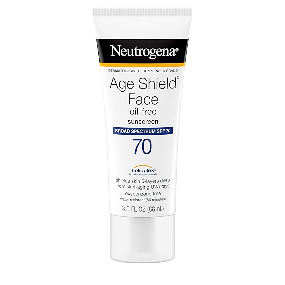 Neutrogena Age Shield Face Oil-Free Sunscreen Lotion with Broad Spectrum SPF 70, Non-Comedogenic Moisturizing Sunscreen to Help Prevent Signs of Aging, PABA-Free, 3 fl. oz. | Non-Comedogenic Moisturizing Sunscreen to Help Prevent Signs of Aging, PABA-Free