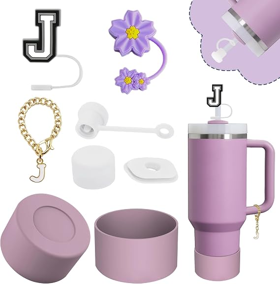 Stanley Cup Accessories Set,Including 2 Pcs 0.4in Straw Cover, 1 Silicone Spill-Proof Stopper Set of 3, 1 Name ID Letter Handle Charm, 1 Silicone Cup Boot Fits Stanley 40&30 Oz Tumbler (J)