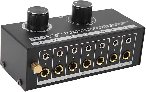 6 Input 1 Audio Switch, Output Audio Switcher Selector Switch for Phone Computer Sharing, 3.5mm and 6.5mm Interfaces Stereo Audio Selector