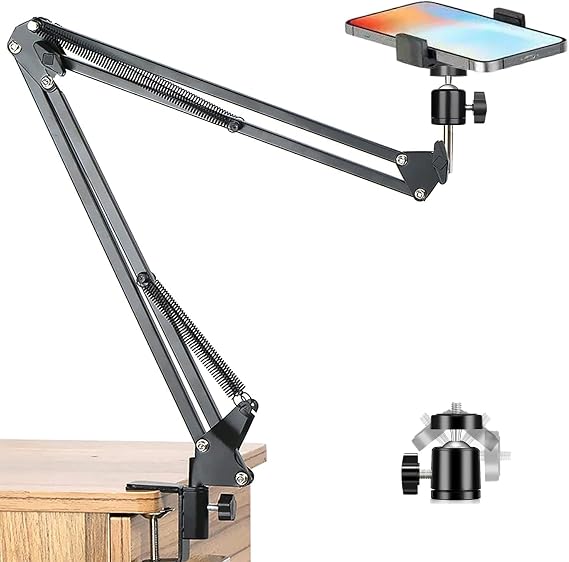 Overhead Tripod Mount for Camera Webcam Ring Light, Flexible Over Head Articulating Arm with Phone Holder and Ball Head, Desktop Suspension Scissor Accessory for Live Streaming,Video Recording