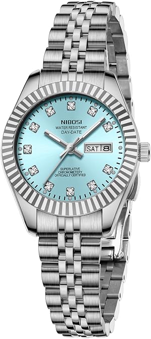 NIBOSI Women's Analog Quartz Watch, Gold Silver Stainless Steel, Day Date | 100 FT Waterproof Luminous, Dainty Luxury Diamond Dial, Fashion Elegant Classic Dress Ladies Watches for Small Wrists
