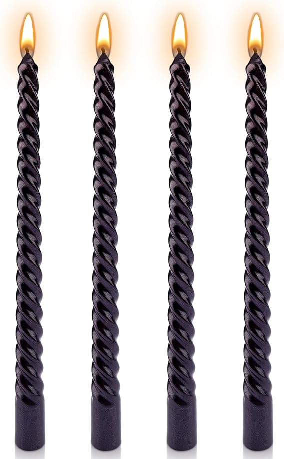 Bolosa 4 Black Spiral Taper Candles, 10 Inch, Unscented, 7 Hour Burn [Energy Class A+++]
