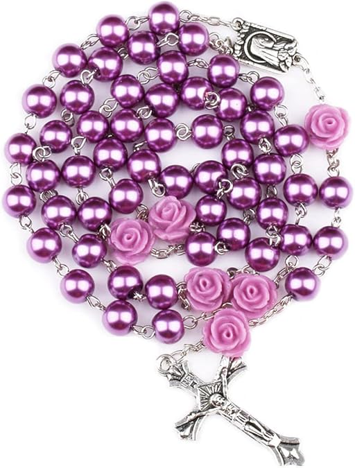 Rosary Pearl Beads Necklace for Women,First Communion Catholic Rosary Prayer Gifts for Men Women Our Rose Lourdes Medal and Cross Rosary Crucifix Necklace