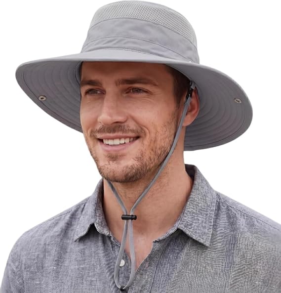 Men's UPF 50+ Wide Brim Sun Hat Breathable UV Protection Safari Boonie Hat for Outdoor Fishing Hiking
