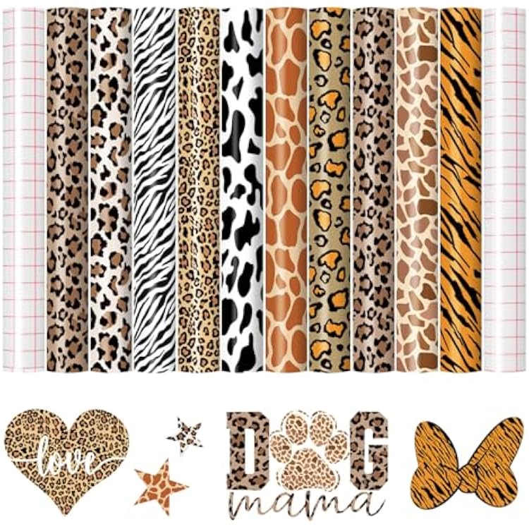 HTVRONT Leopard Permanent Vinyl - 10 Pack 12X10 Animal Pattern Permanent Vinyl Sheets & 2 Transfer Paper,Cheetah Cow Print Adhesive Sheets for All Crafting Projects