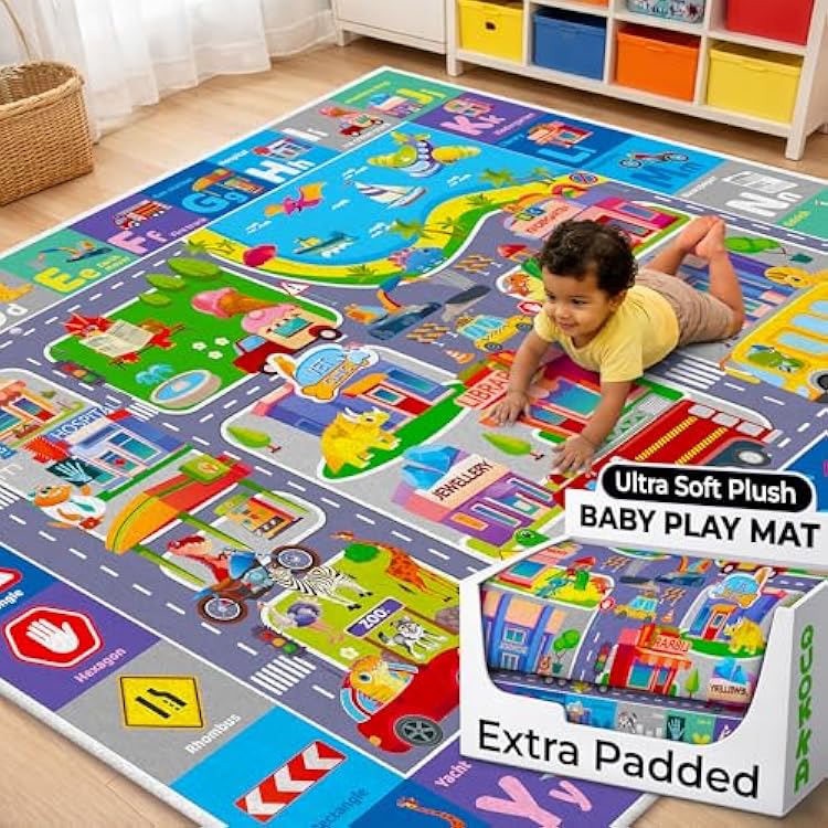 QUOKKA Baby Mat for Floor Play for Babies 6-12 Months Super Soft Baby Floor Play Mat for Toddlers 1-3 ABC City Large Thick Plush Rug for Nursery Padded Foldable Activity Infant Playroom Carpet